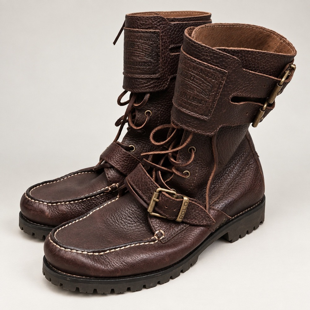 Polo Ralph Lauren Brockton Military Leather Buckle Combat Lug Boots Mens 10.5 D